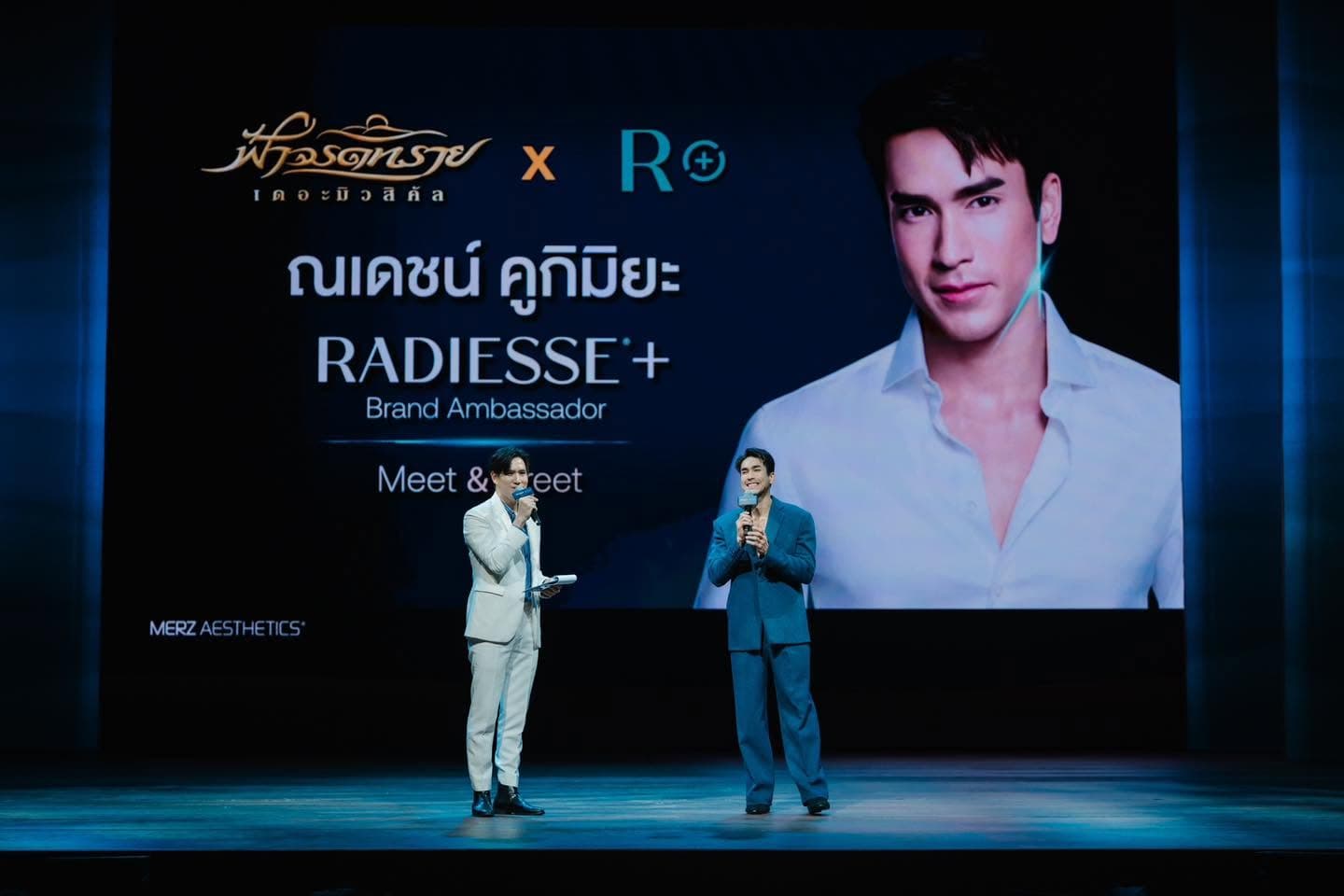 Nadech Kugimiya and a host on stage, before a screen reading “RADIESSE+ Brand Ambassador — Meet & Greet”